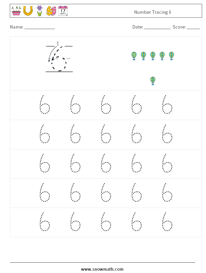 Number Tracing 6 Math Worksheets 9