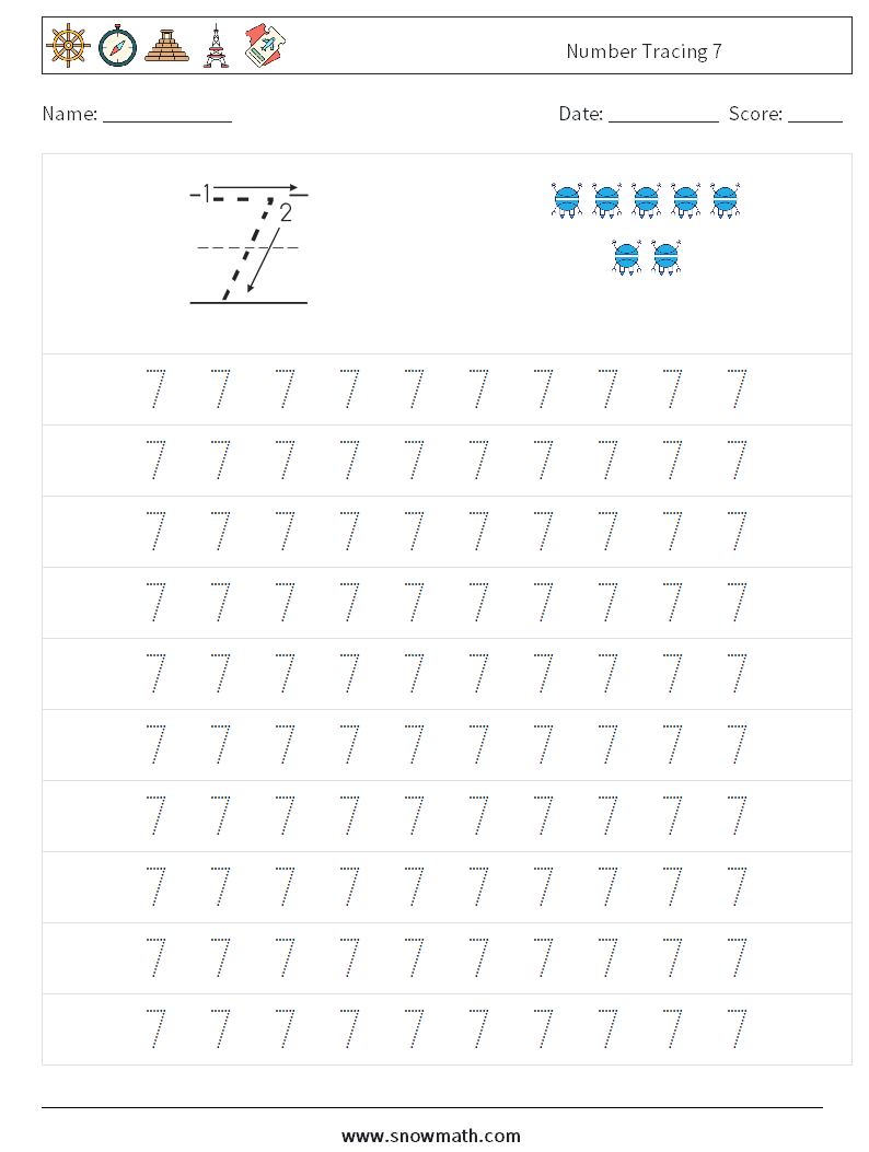 Number Tracing 7 Math Worksheets 1