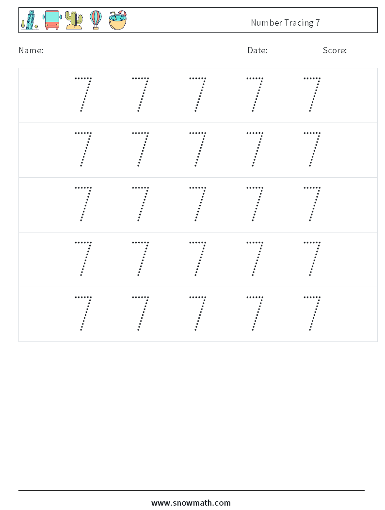 Number Tracing 7 Math Worksheets 10