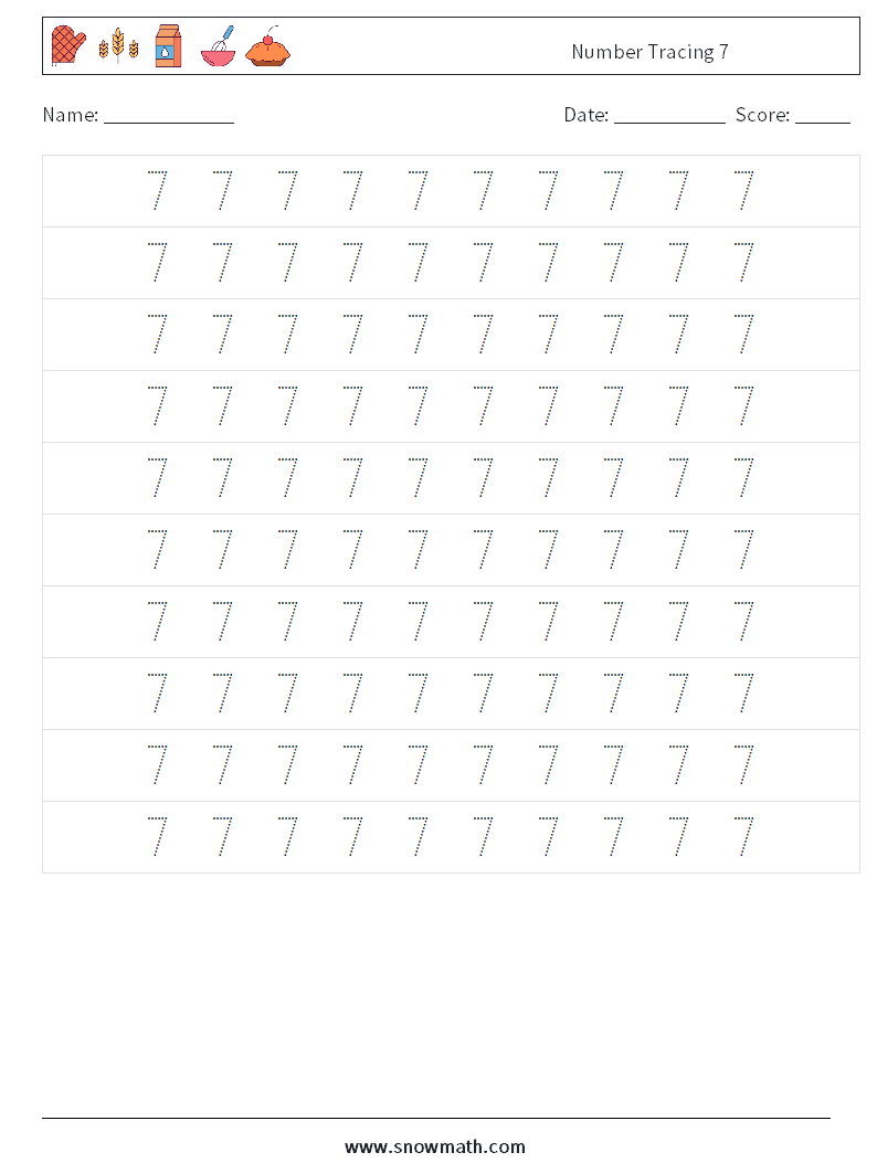 Number Tracing 7 Math Worksheets 2