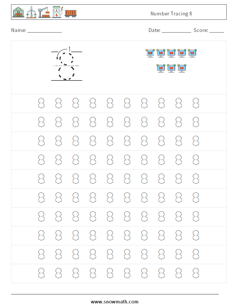 Number Tracing 8 Math Worksheets 1