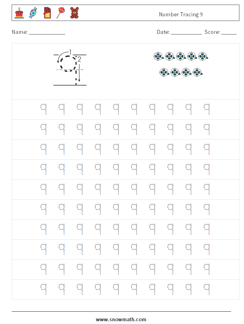 Number Tracing 9 Math Worksheets 1