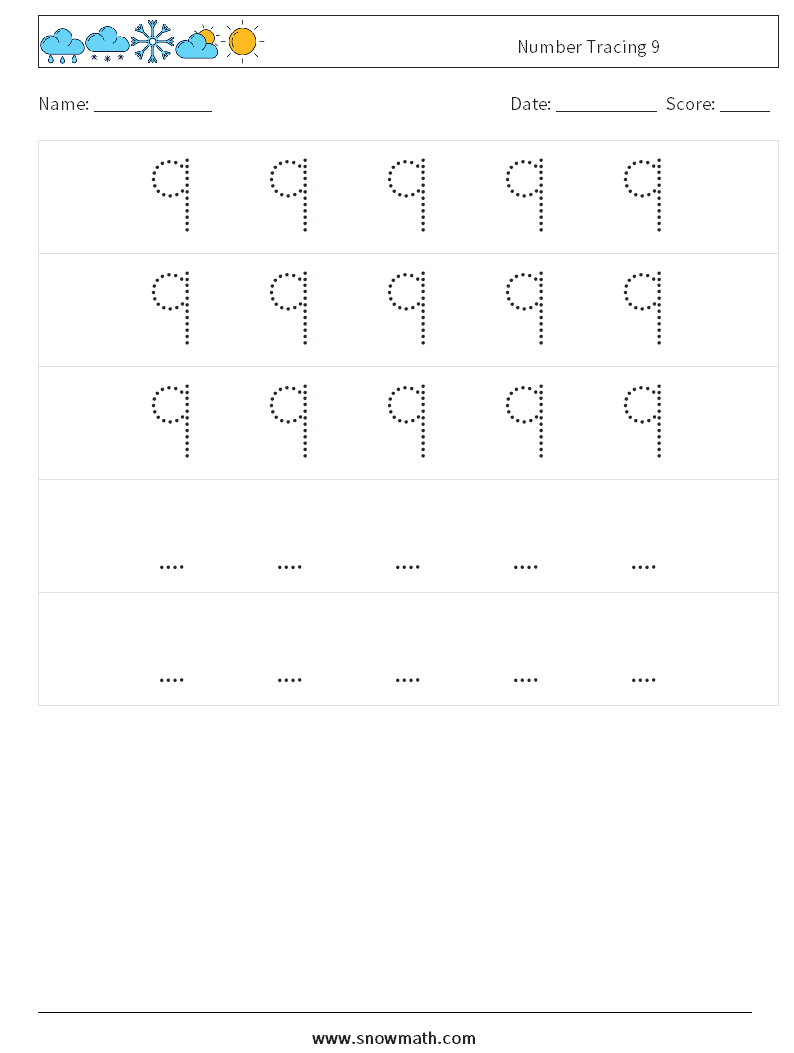 Number Tracing 9 Math Worksheets 12