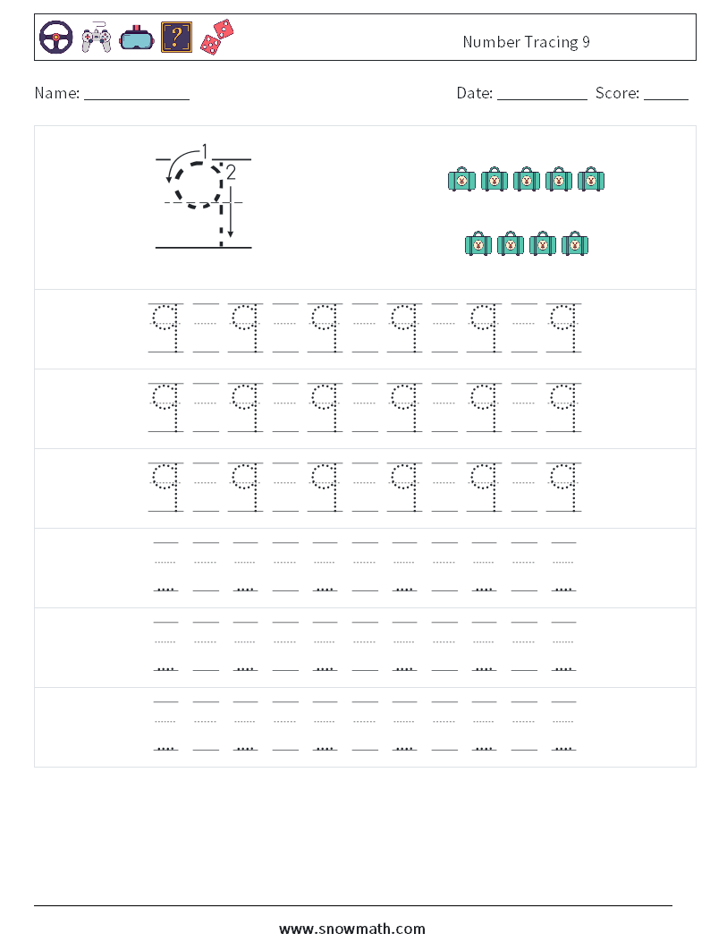 Number Tracing 9 Math Worksheets 19