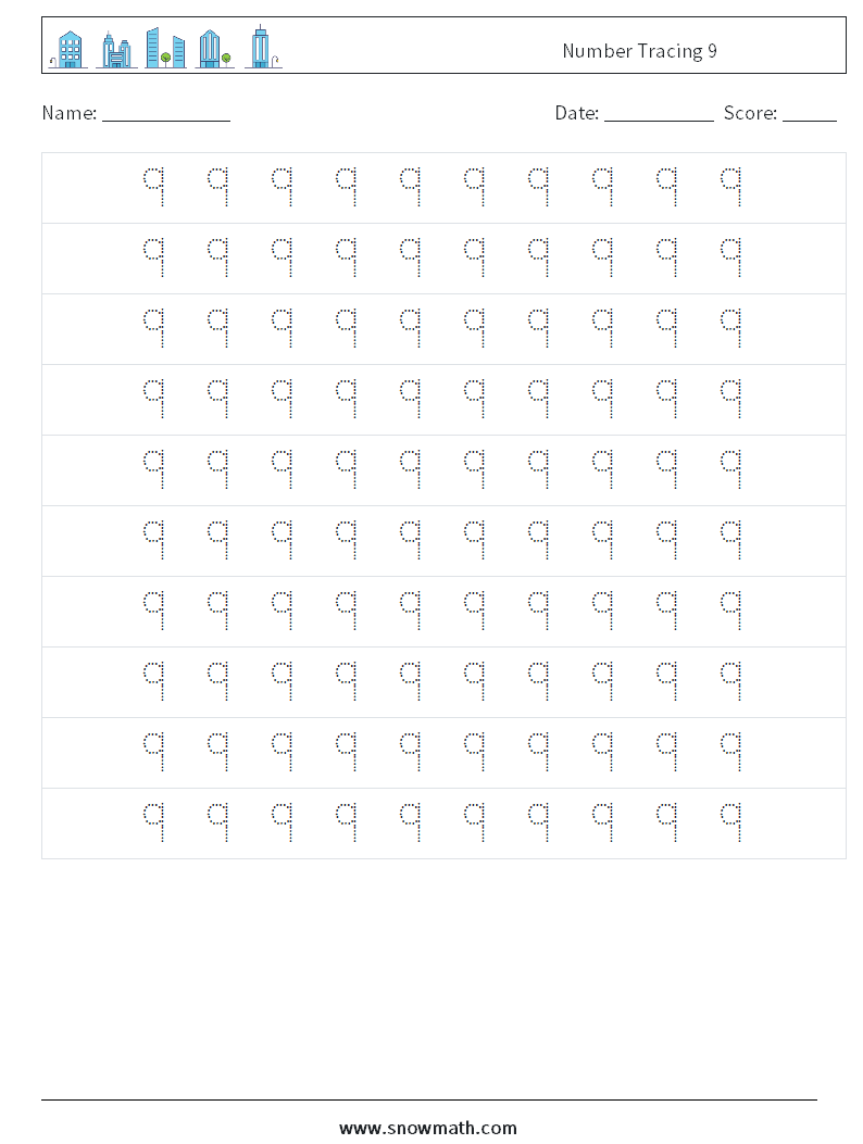 Number Tracing 9 Math Worksheets 2