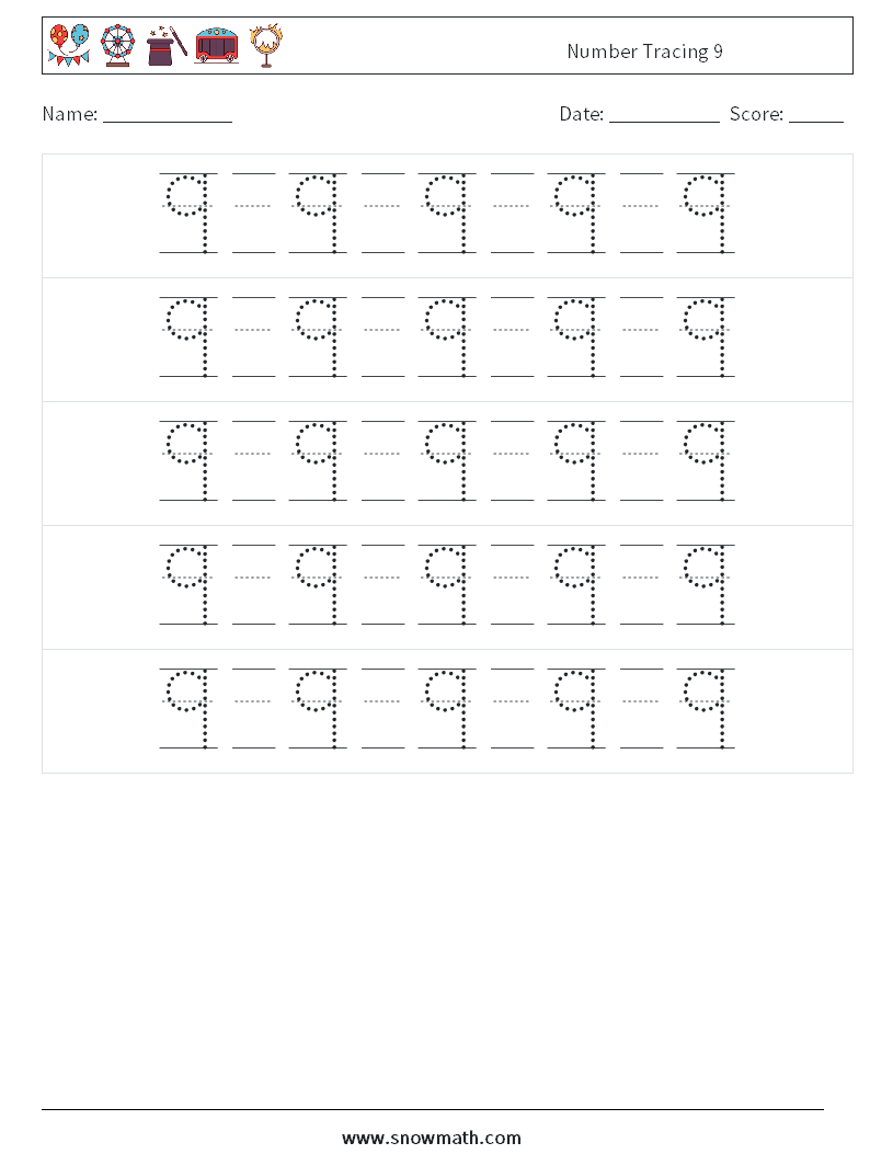 Number Tracing 9 Math Worksheets 22