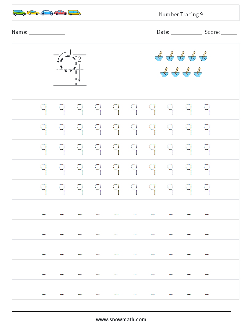 Number Tracing 9 Math Worksheets 3