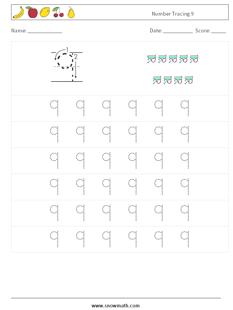 Number Tracing 9 Math Worksheets 5