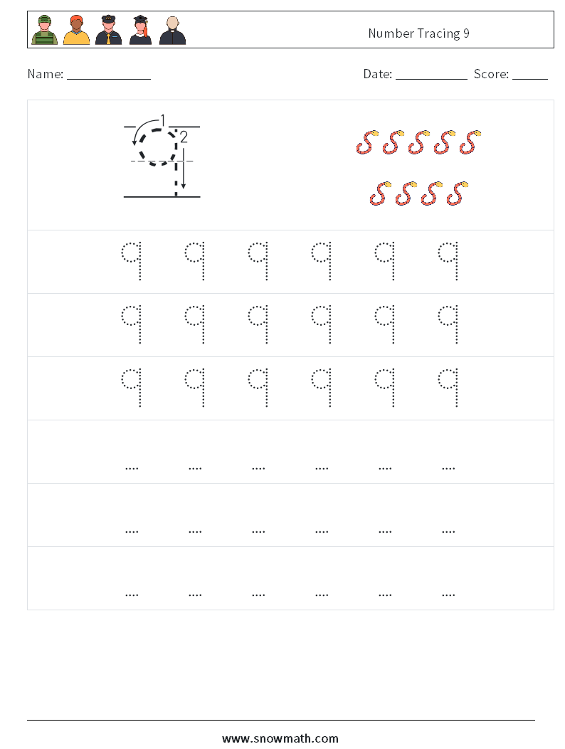 Number Tracing 9 Math Worksheets 7