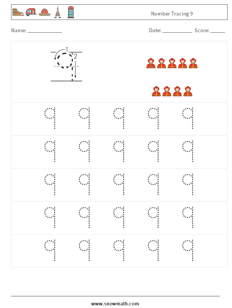 Number Tracing 9 Math Worksheets 9