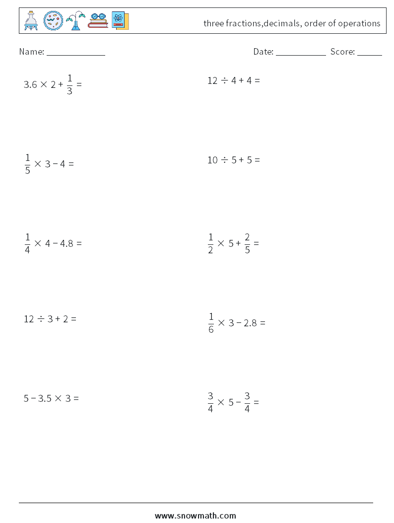 three fractions,decimals, order of operations Math Worksheets 10