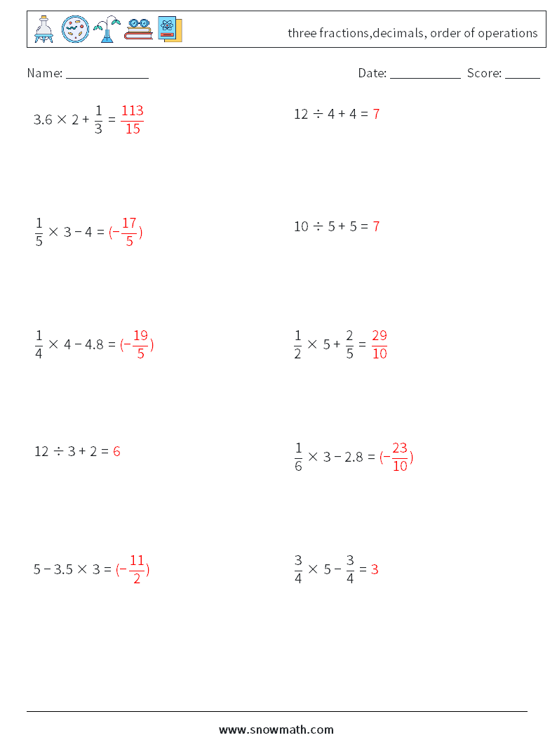 three fractions,decimals, order of operations Math Worksheets 10 Question, Answer