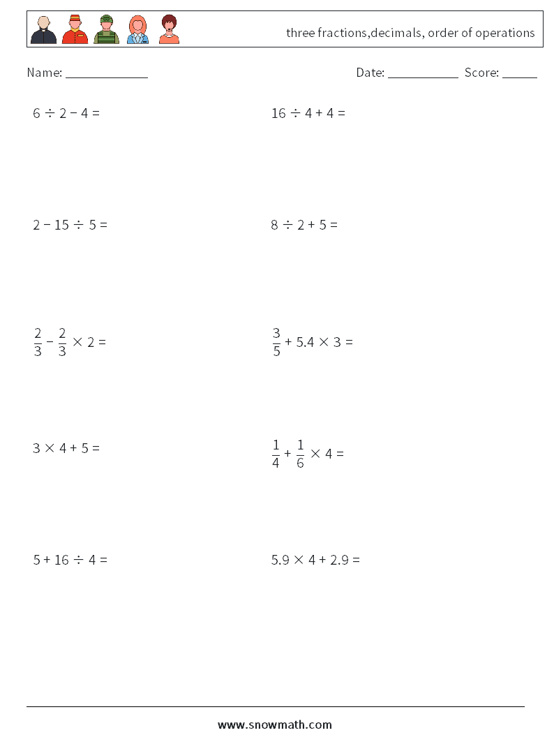 three fractions,decimals, order of operations Math Worksheets 11