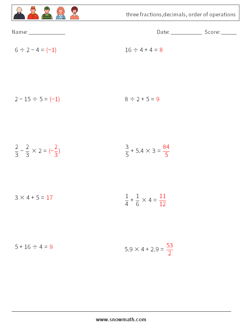three fractions,decimals, order of operations Math Worksheets 11 Question, Answer