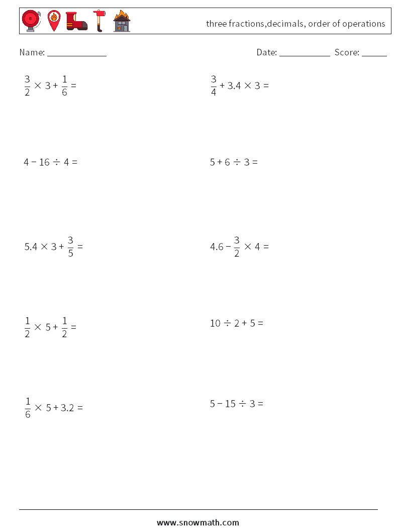 three fractions,decimals, order of operations Math Worksheets 12