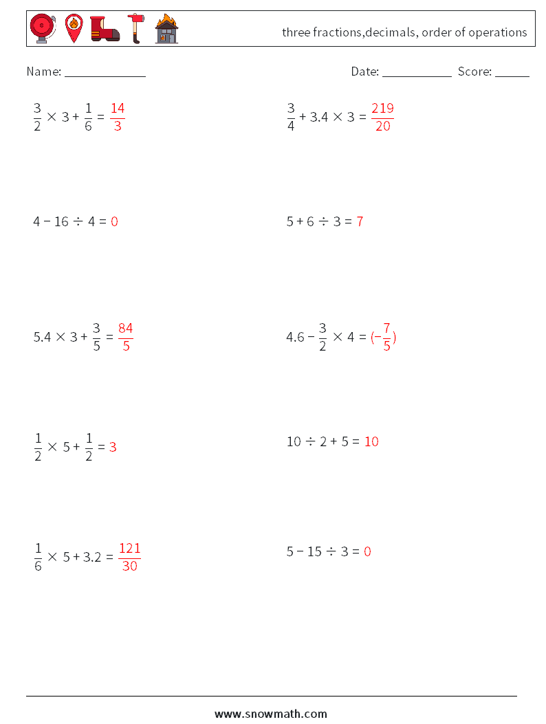 three fractions,decimals, order of operations Math Worksheets 12 Question, Answer