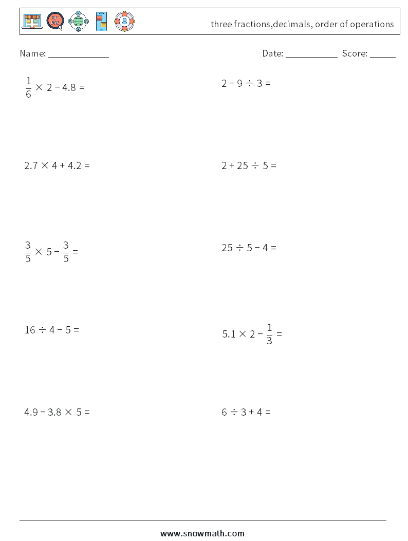 three fractions,decimals, order of operations Math Worksheets 13