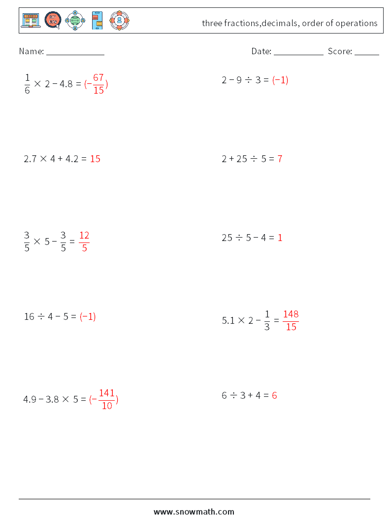 three fractions,decimals, order of operations Math Worksheets 13 Question, Answer