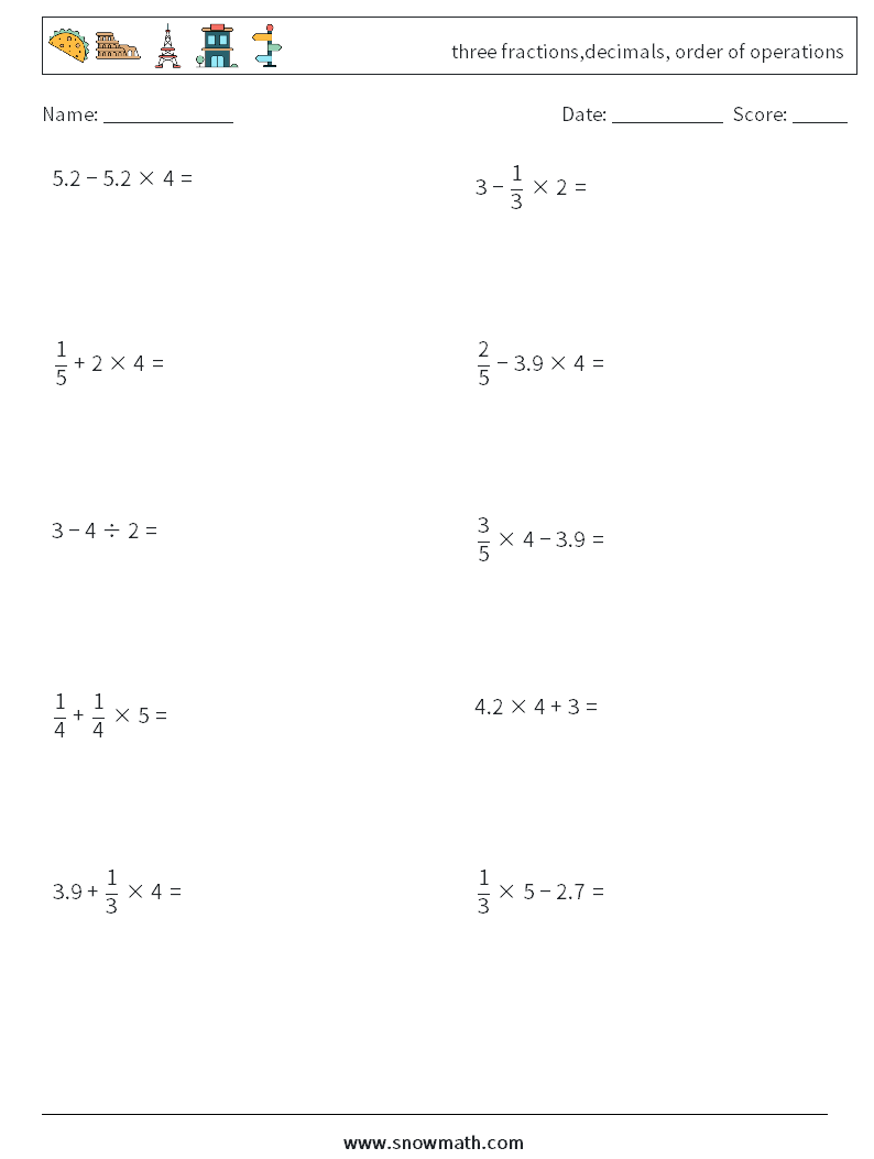 three fractions,decimals, order of operations Math Worksheets 14