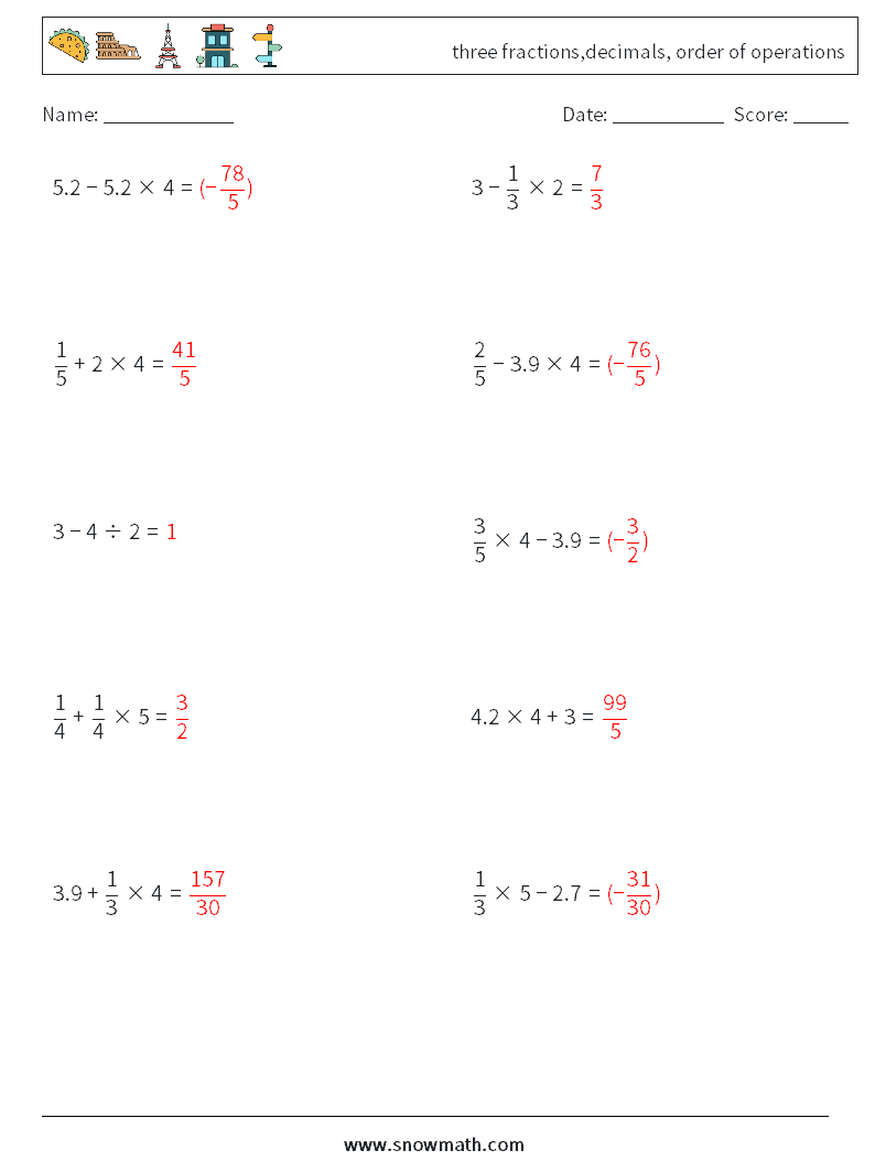 three fractions,decimals, order of operations Math Worksheets 14 Question, Answer