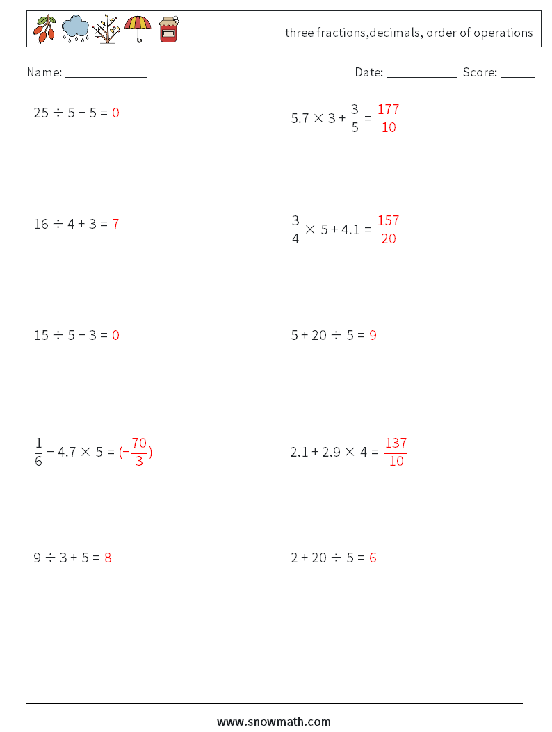 three fractions,decimals, order of operations Math Worksheets 15 Question, Answer