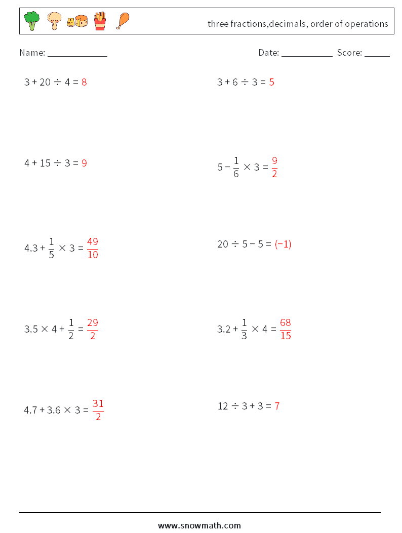 three fractions,decimals, order of operations Math Worksheets 16 Question, Answer