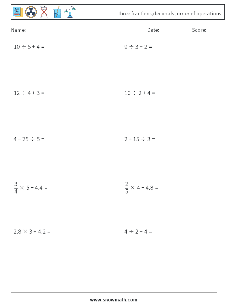 three fractions,decimals, order of operations Math Worksheets 17
