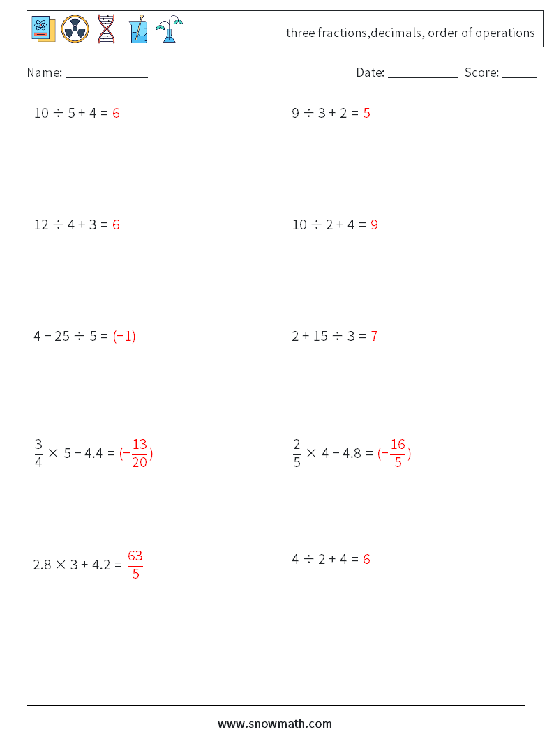 three fractions,decimals, order of operations Math Worksheets 17 Question, Answer