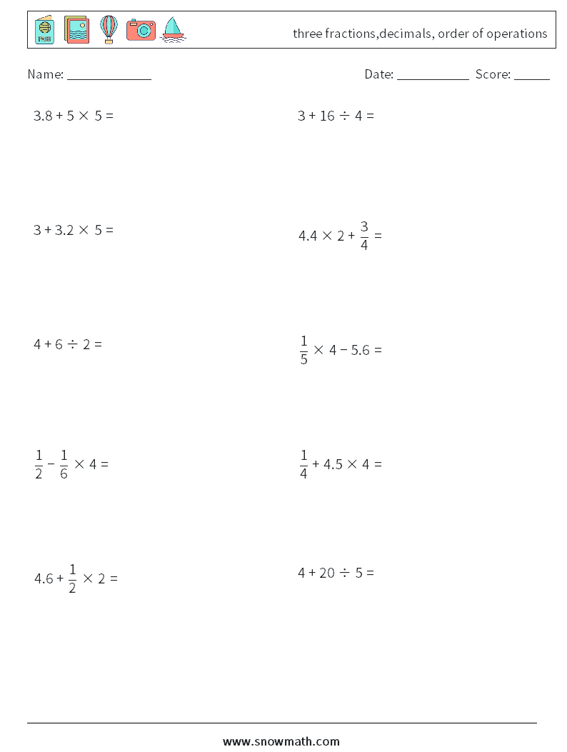 three fractions,decimals, order of operations Math Worksheets 18