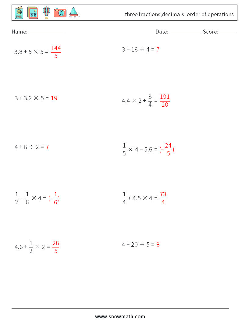 three fractions,decimals, order of operations Math Worksheets 18 Question, Answer