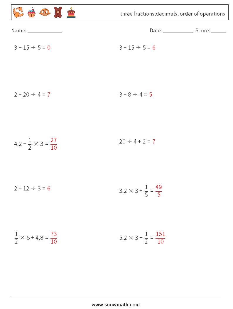 three fractions,decimals, order of operations Math Worksheets 1 Question, Answer