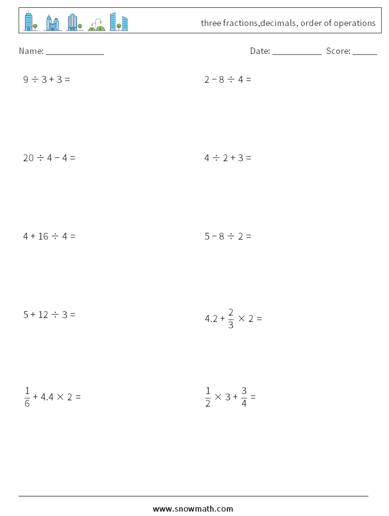 three fractions,decimals, order of operations Math Worksheets 2