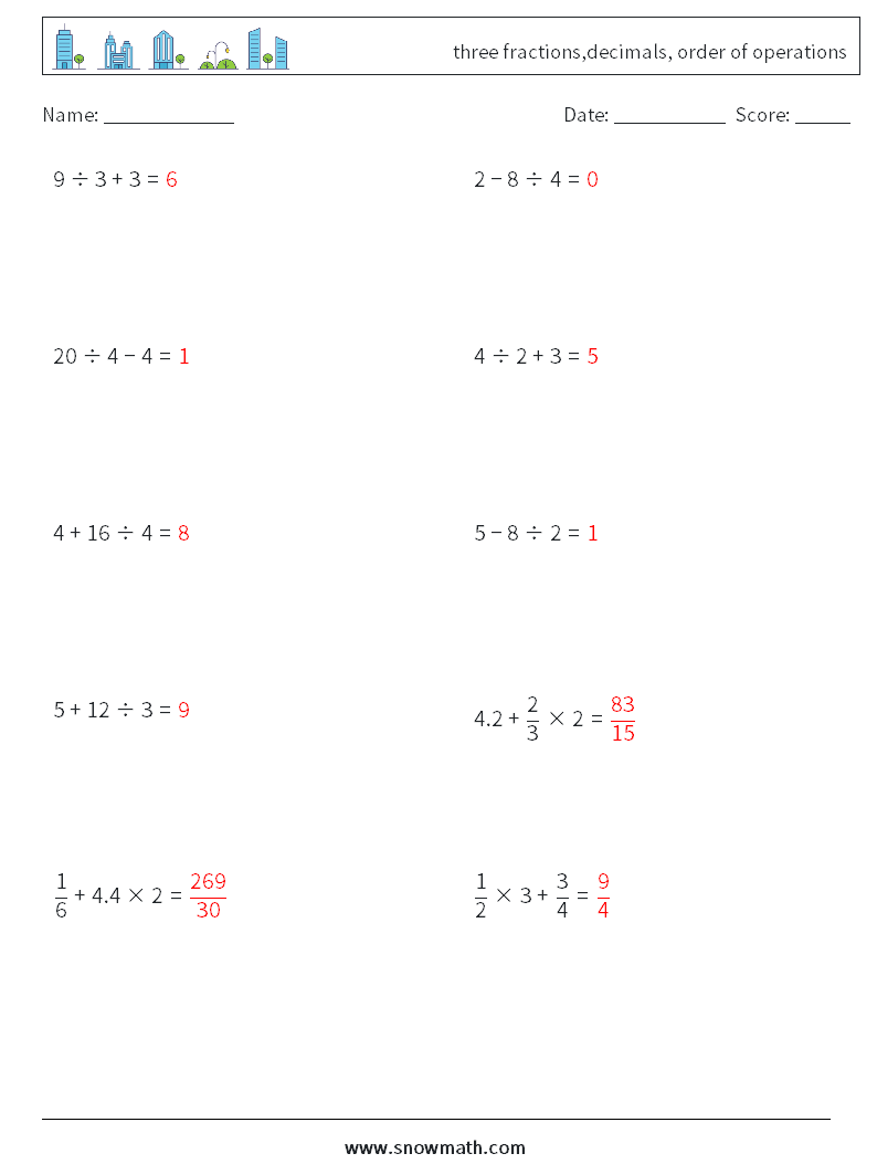 three fractions,decimals, order of operations Math Worksheets 2 Question, Answer
