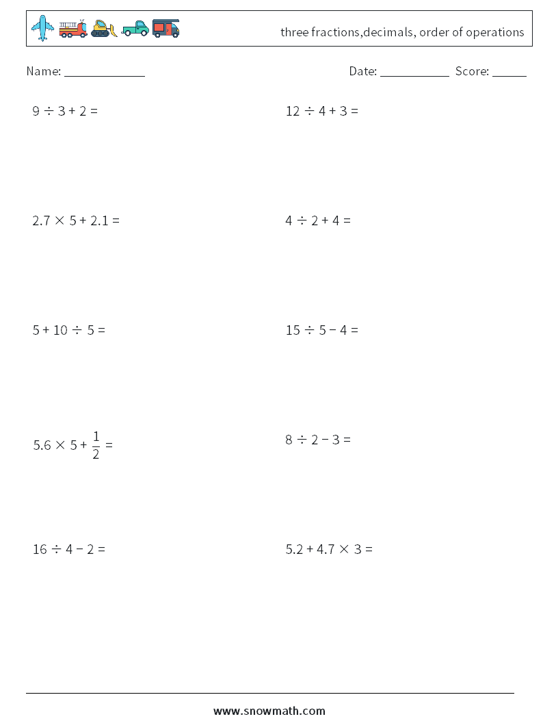 three fractions,decimals, order of operations Math Worksheets 3
