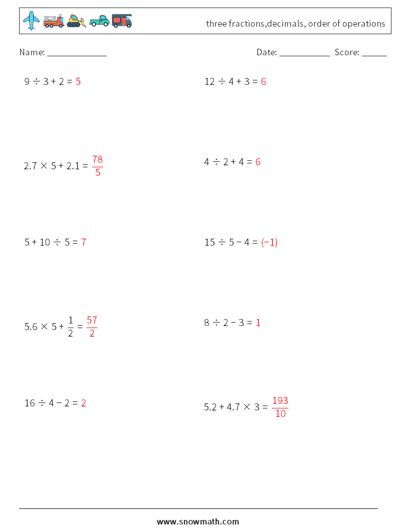 three fractions,decimals, order of operations Math Worksheets 3 Question, Answer