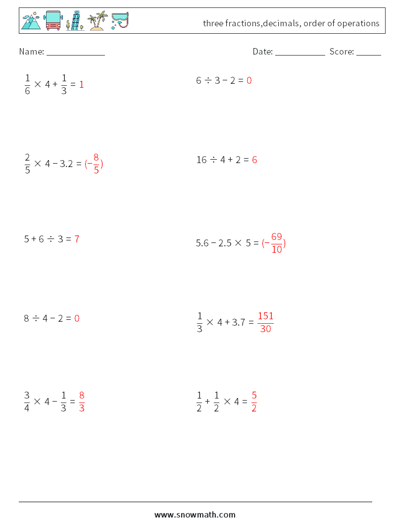 three fractions,decimals, order of operations Math Worksheets 4 Question, Answer