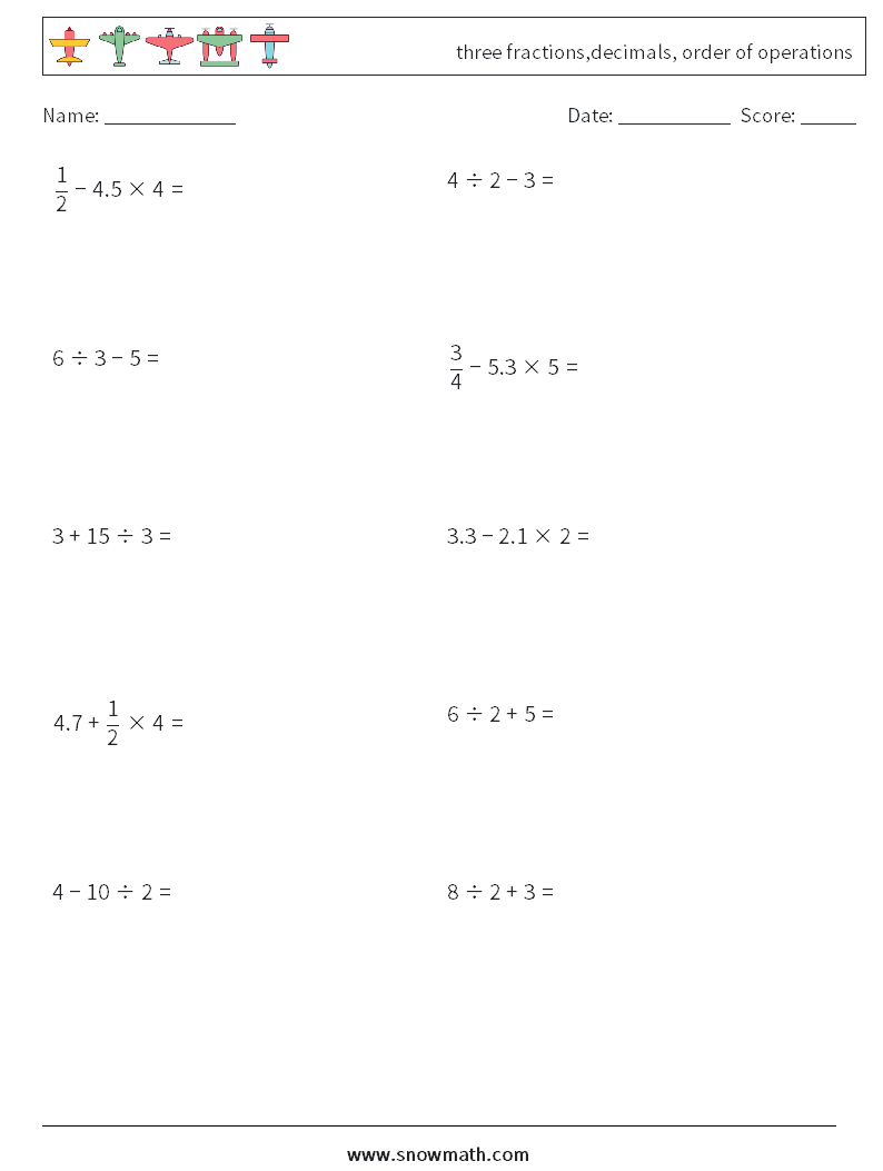 three fractions,decimals, order of operations Math Worksheets 5