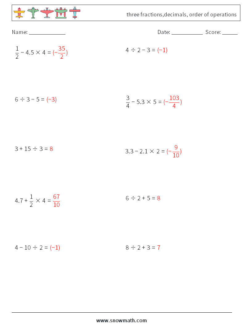 three fractions,decimals, order of operations Math Worksheets 5 Question, Answer