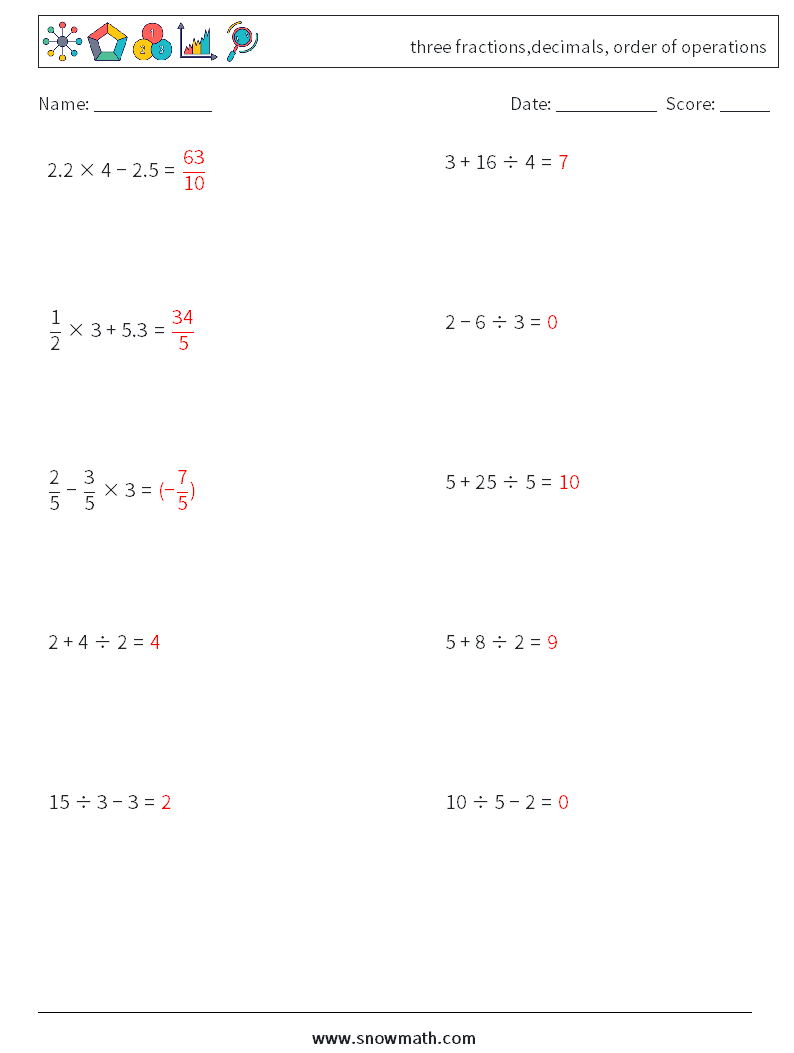 three fractions,decimals, order of operations Math Worksheets 6 Question, Answer