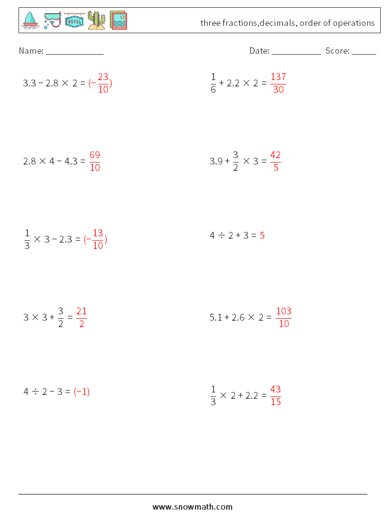 three fractions,decimals, order of operations Math Worksheets 7 Question, Answer