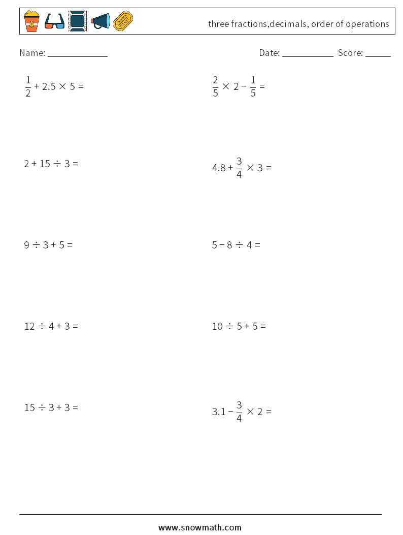 three fractions,decimals, order of operations Math Worksheets 8