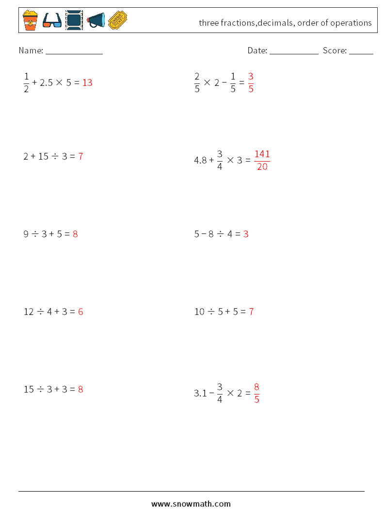 three fractions,decimals, order of operations Math Worksheets 8 Question, Answer