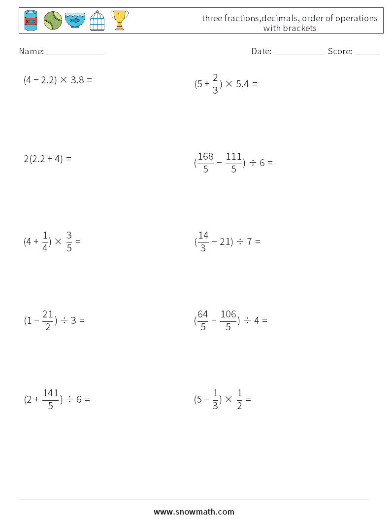 three fractions,decimals, order of operations with brackets Math Worksheets 1