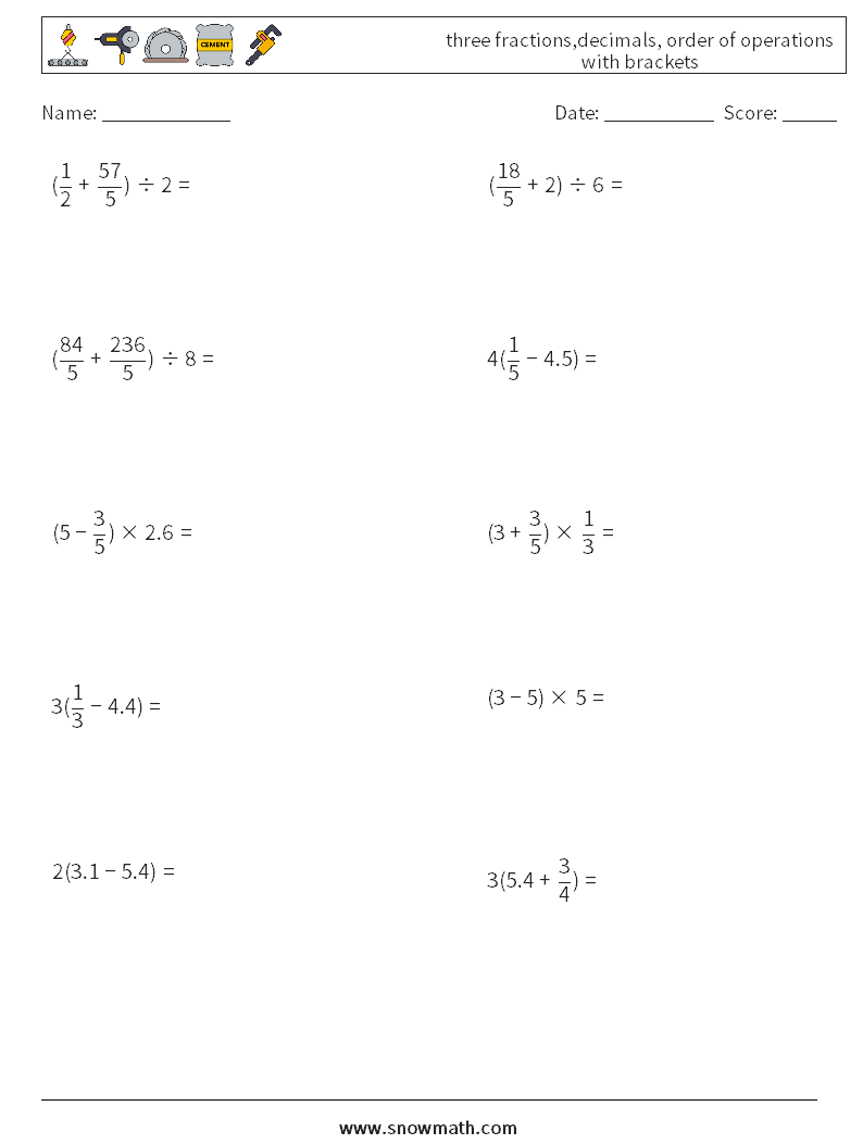 three fractions,decimals, order of operations with brackets Math Worksheets 18