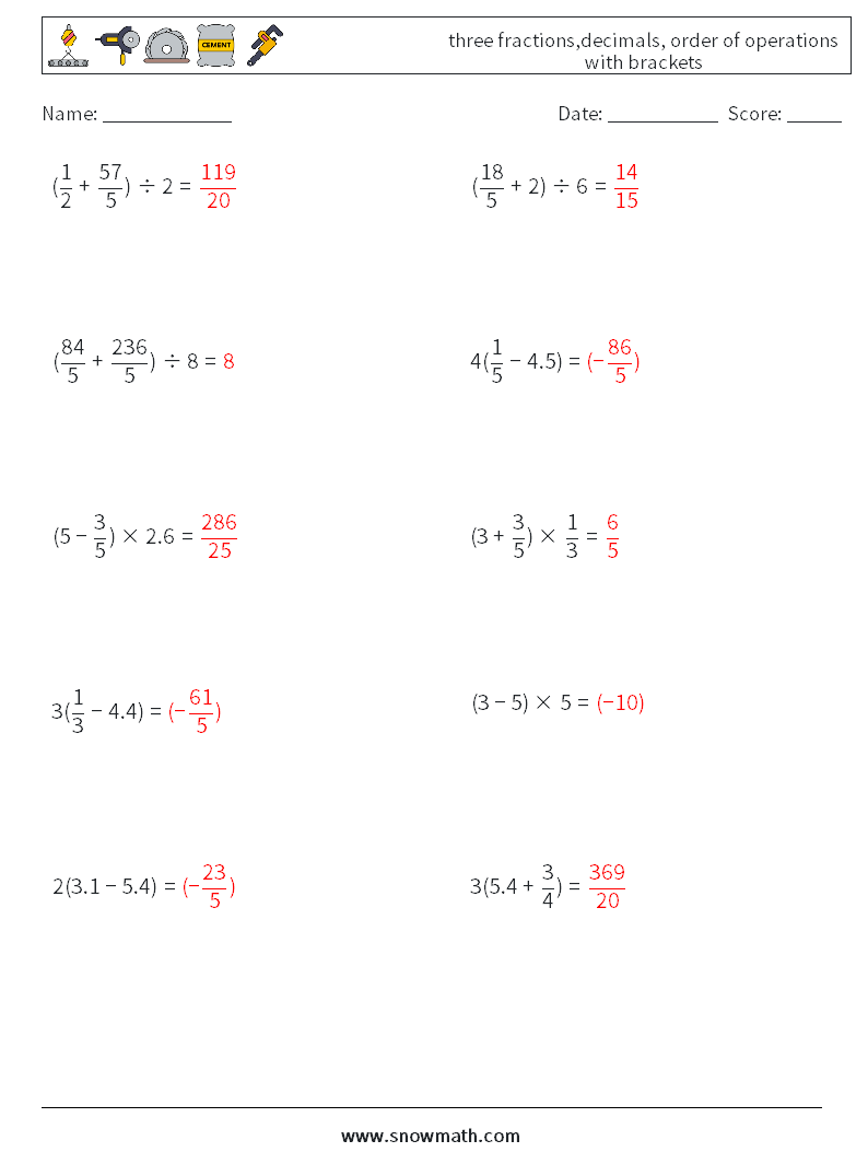 three fractions,decimals, order of operations with brackets Math Worksheets 18 Question, Answer