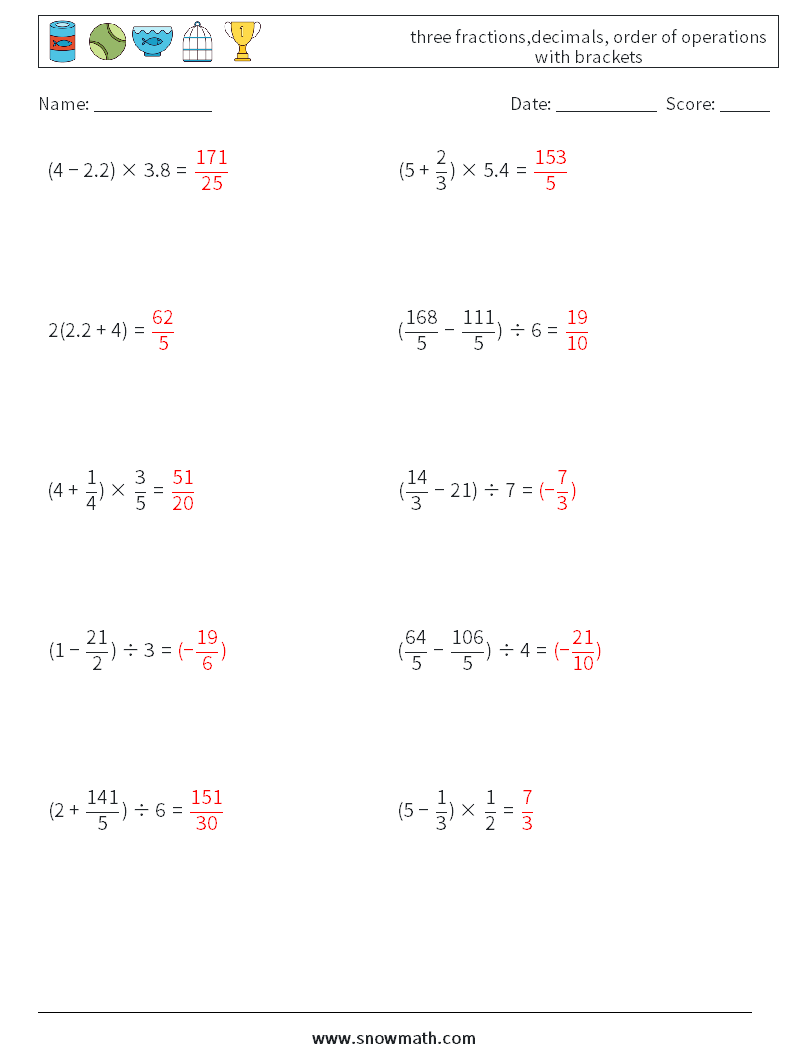 three fractions,decimals, order of operations with brackets Math Worksheets 1 Question, Answer