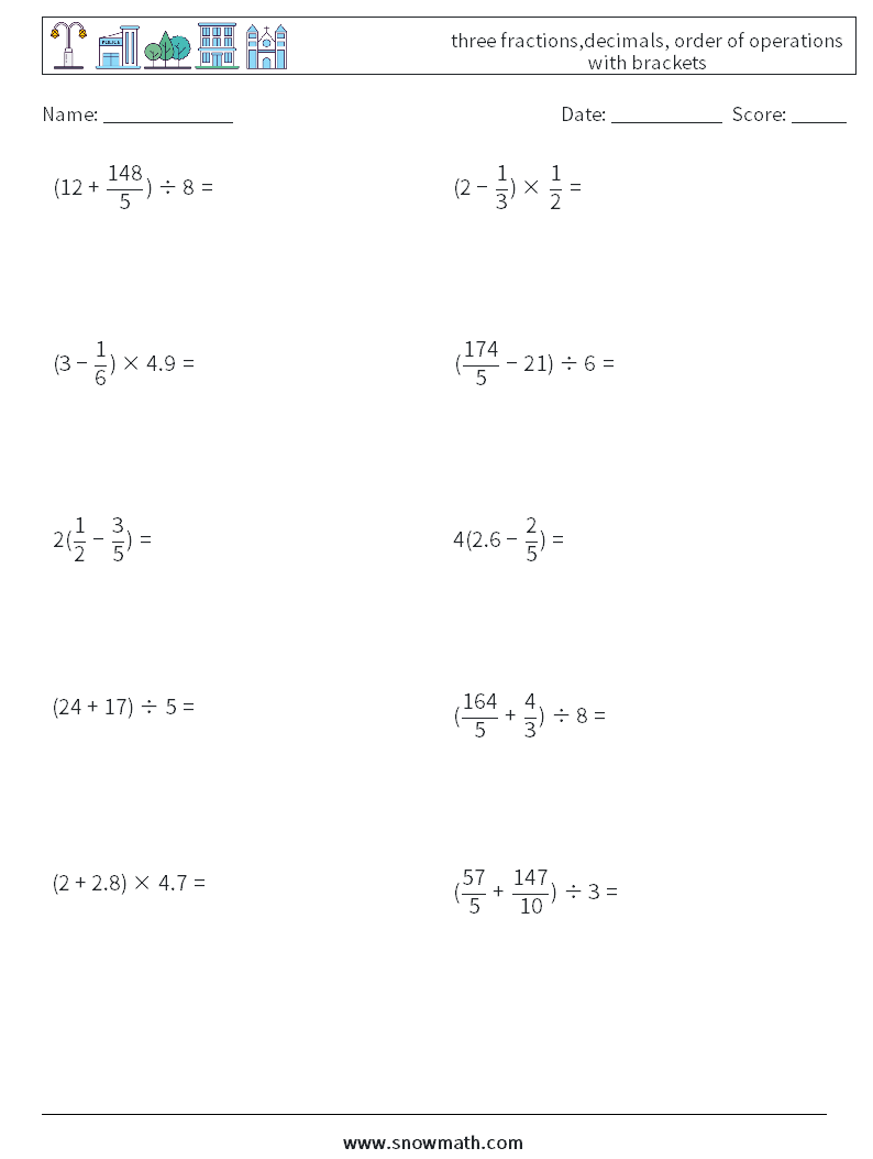 three fractions,decimals, order of operations with brackets Math Worksheets 2