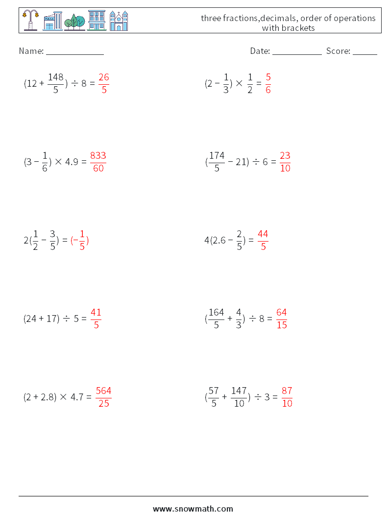 three fractions,decimals, order of operations with brackets Math Worksheets 2 Question, Answer