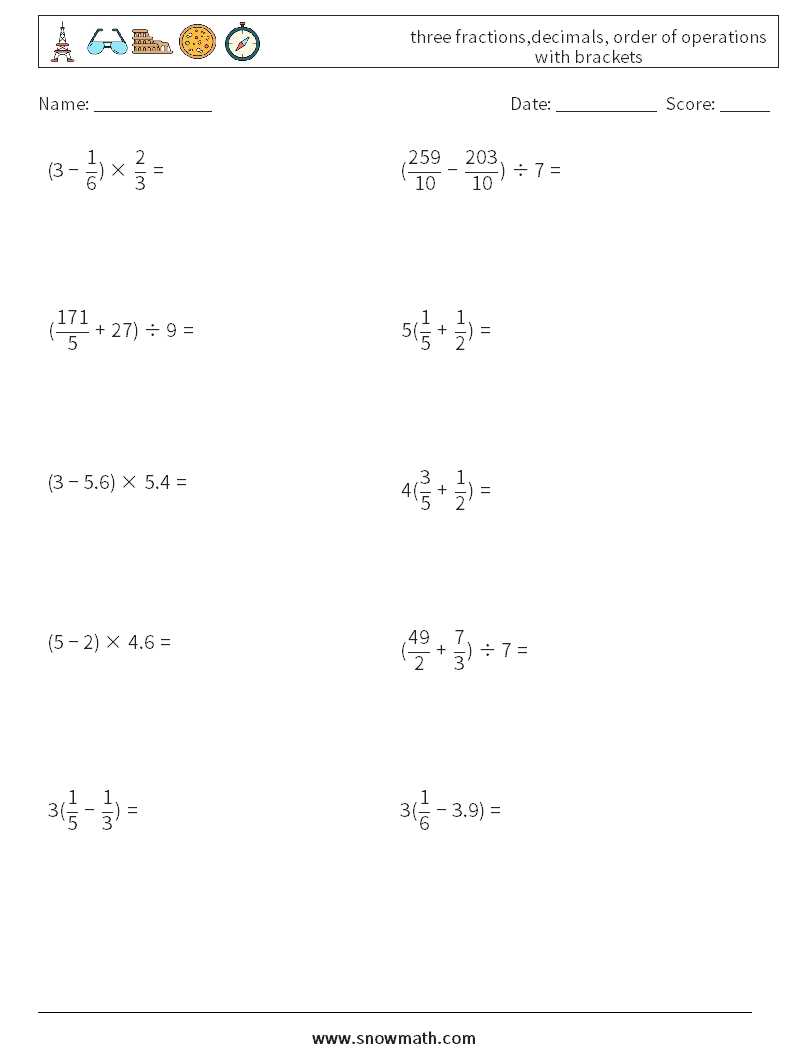 three fractions,decimals, order of operations with brackets Math Worksheets 3