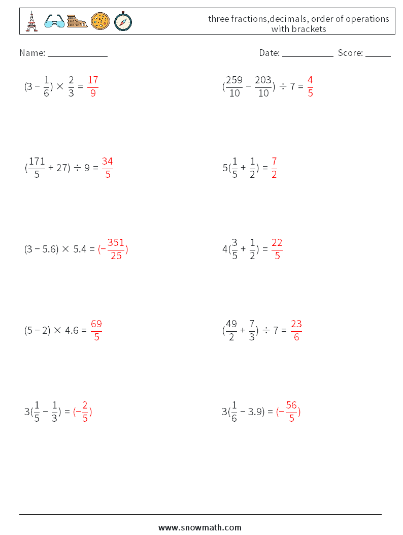 three fractions,decimals, order of operations with brackets Math Worksheets 3 Question, Answer